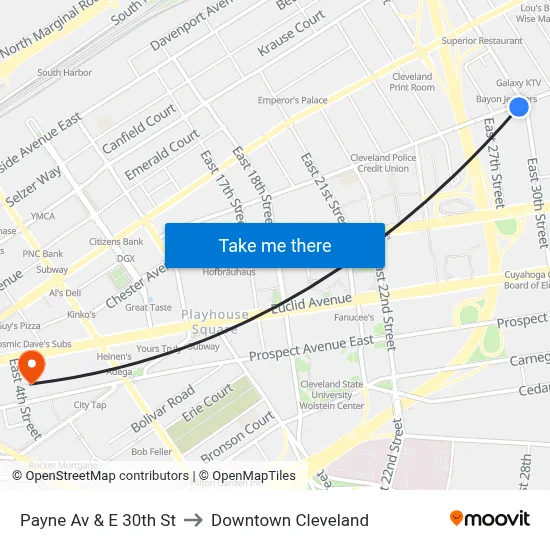 Payne Av & E 30th St to Downtown Cleveland map