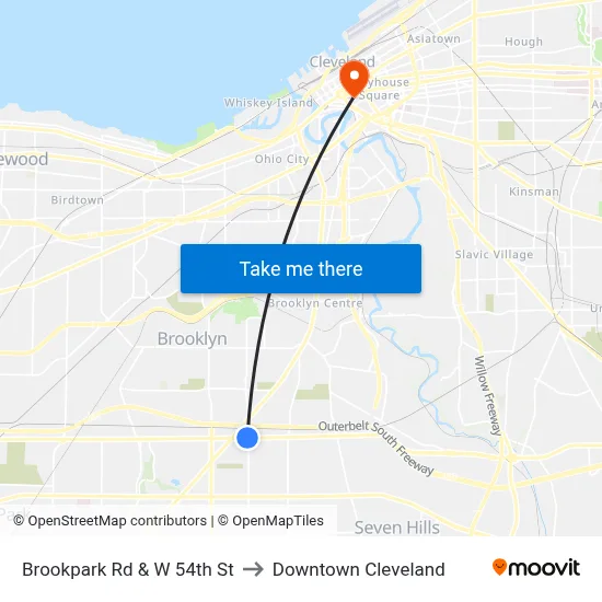 Brookpark Rd & W 54th St to Downtown Cleveland map