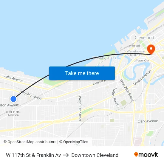 W 117th St & Franklin Av to Downtown Cleveland map