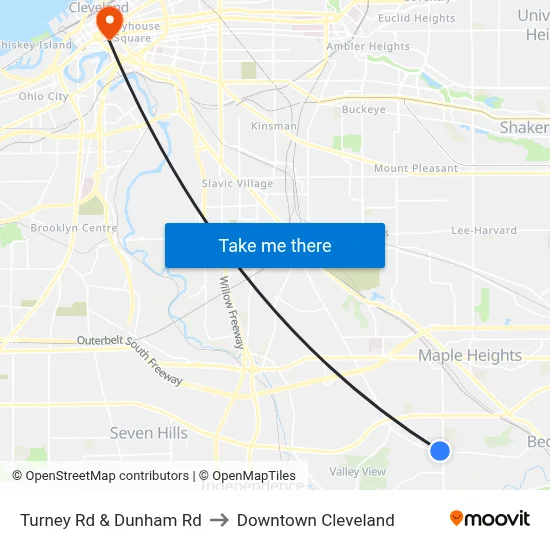 Turney Rd & Dunham Rd to Downtown Cleveland map
