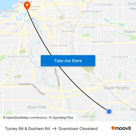 Turney Rd & Dunham Rd to Downtown Cleveland map