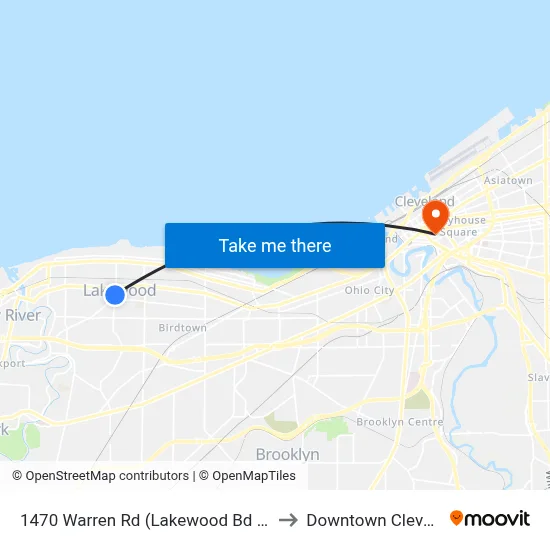 1470 Warren Rd (Lakewood Bd Of Edu) to Downtown Cleveland map