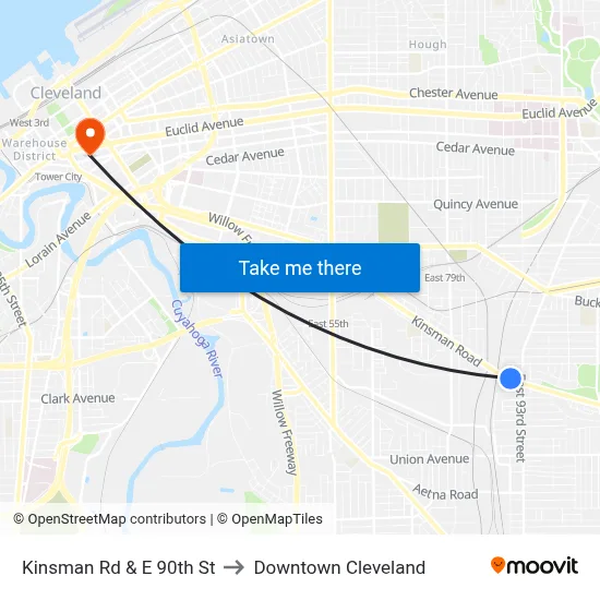 Kinsman Rd & E 90th St to Downtown Cleveland map