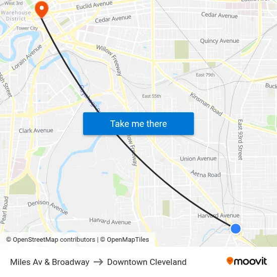 Miles Av & Broadway to Downtown Cleveland map