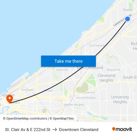 St. Clair Av & E 222nd St to Downtown Cleveland map