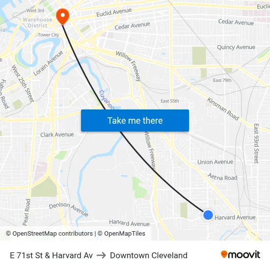E 71st St & Harvard Av to Downtown Cleveland map