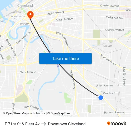 E 71st St & Fleet Av to Downtown Cleveland map