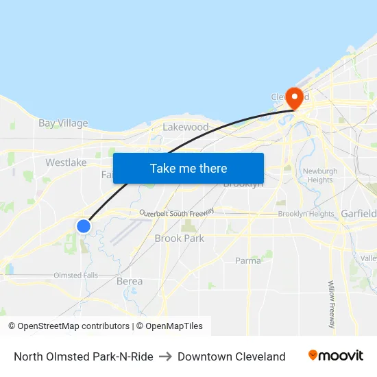North Olmsted Park-N-Ride to Downtown Cleveland map