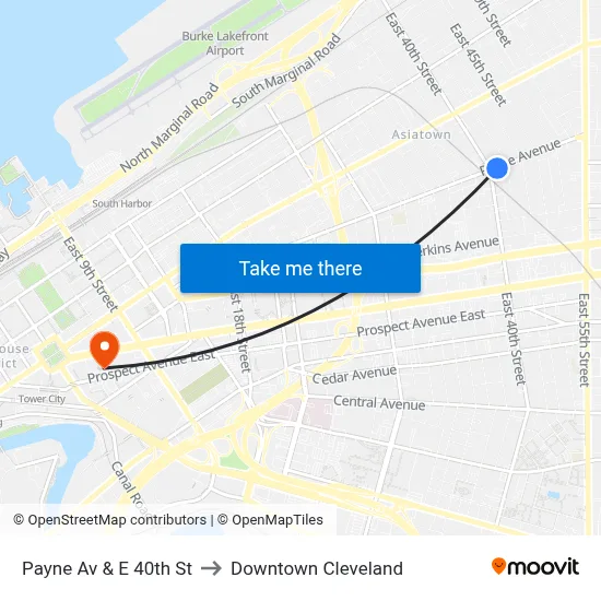 Payne Av & E 40th St to Downtown Cleveland map