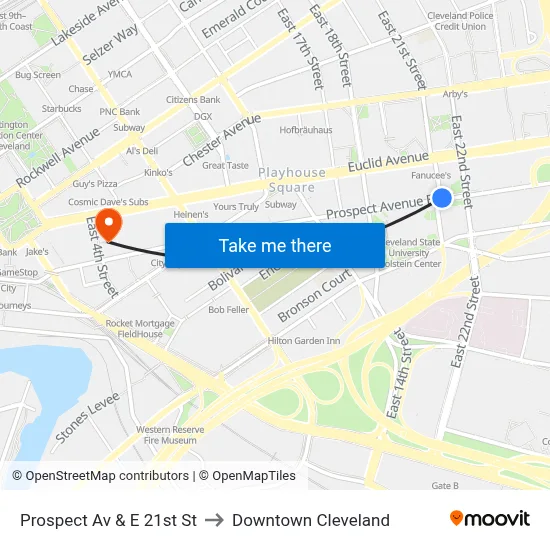 Prospect Av & E 21st St to Downtown Cleveland map