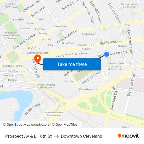 Prospect Av & E 18th St to Downtown Cleveland map
