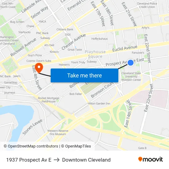 1937 Prospect Av E to Downtown Cleveland map