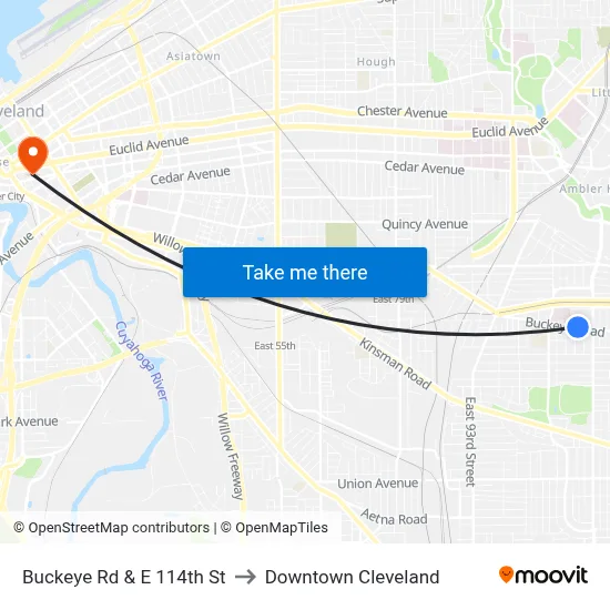 Buckeye Rd & E 114th St to Downtown Cleveland map