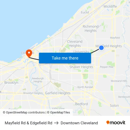 Mayfield Rd & Edgefield Rd to Downtown Cleveland map
