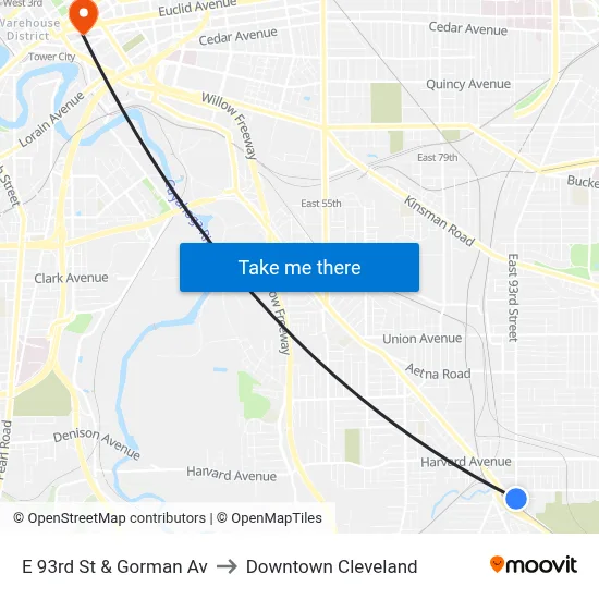 E 93rd St & Gorman Av to Downtown Cleveland map