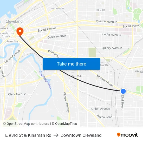 E 93rd St & Kinsman Rd to Downtown Cleveland map
