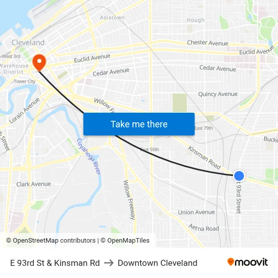 E 93rd St & Kinsman Rd to Downtown Cleveland map