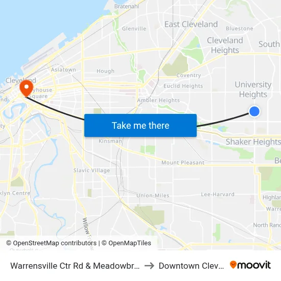 Warrensville Ctr Rd & Meadowbrook Blvd to Downtown Cleveland map