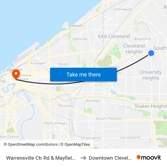 Warrensville Ctr Rd & Mayfield Rd to Downtown Cleveland map