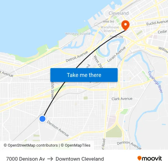 7000 Denison Av to Downtown Cleveland map