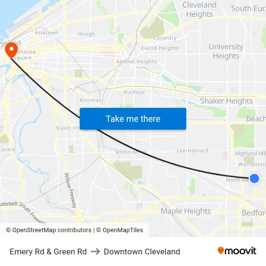 Emery Rd & Green Rd to Downtown Cleveland map