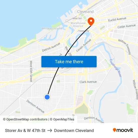 Storer Av & W 47th St to Downtown Cleveland map