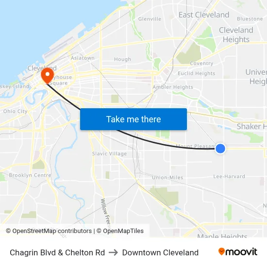Chagrin Blvd & Chelton Rd to Downtown Cleveland map