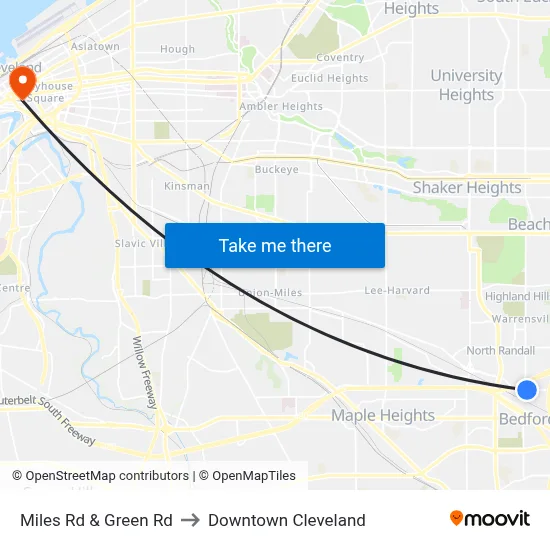 Miles Rd & Green Rd to Downtown Cleveland map