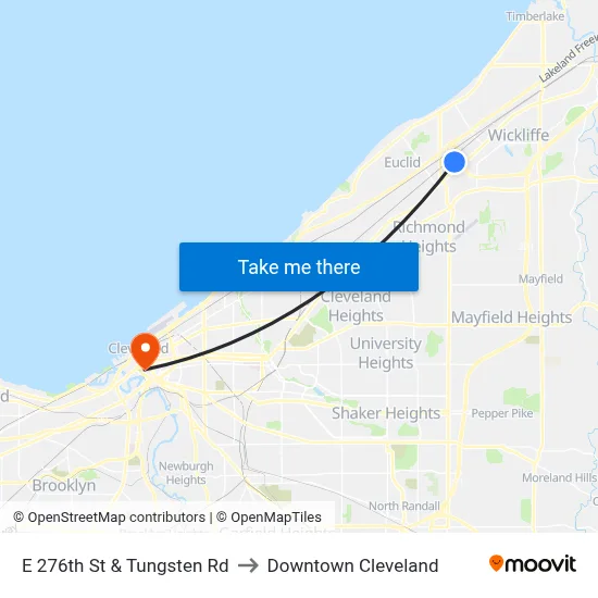 E 276th St & Tungsten Rd to Downtown Cleveland map