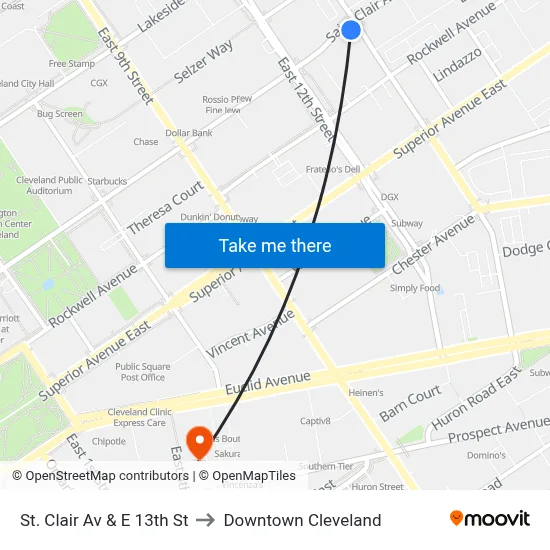 St. Clair Av & E 13th St to Downtown Cleveland map