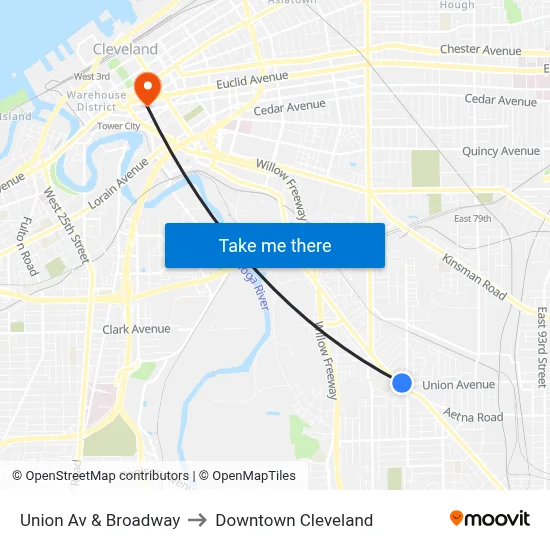 Union Av & Broadway to Downtown Cleveland map