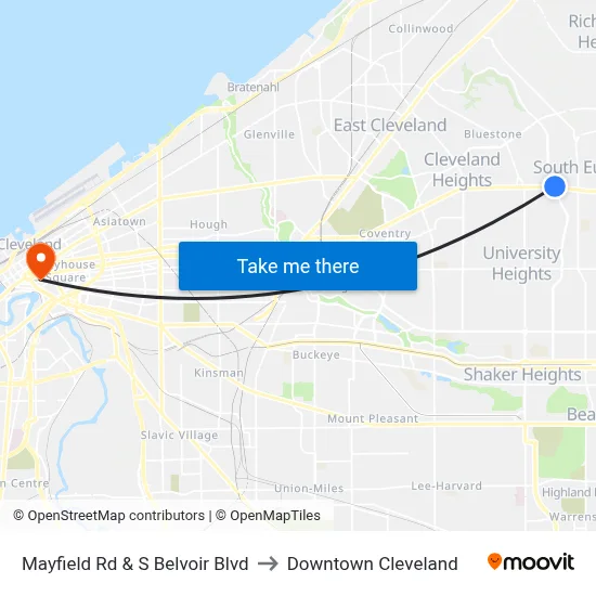 Mayfield Rd & S Belvoir Blvd to Downtown Cleveland map