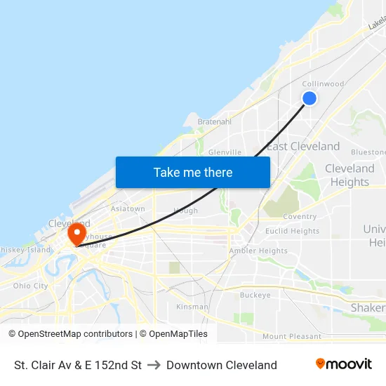 St. Clair Av & E 152nd St to Downtown Cleveland map