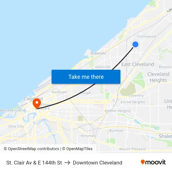 St. Clair Av & E 144th St to Downtown Cleveland map