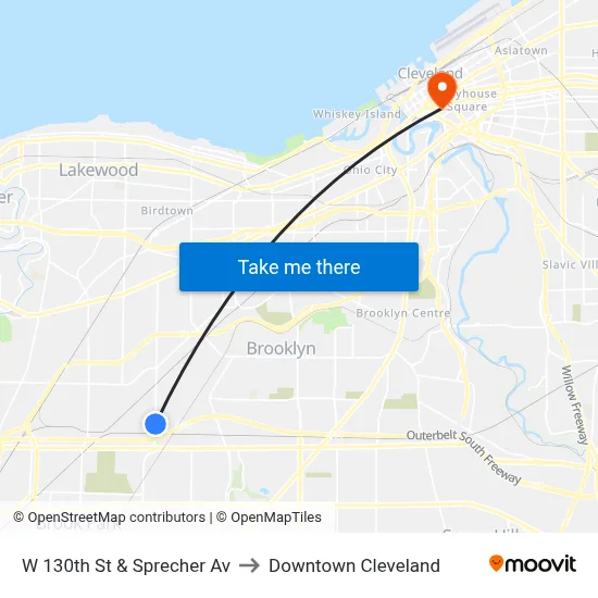 W 130th St & Sprecher Av to Downtown Cleveland map