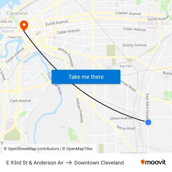 E 93rd St & Anderson Av to Downtown Cleveland map
