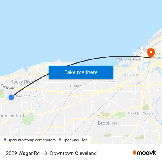 2829 Wagar Rd to Downtown Cleveland map