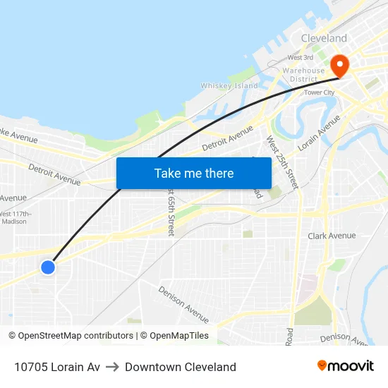 10705 Lorain Av to Downtown Cleveland map