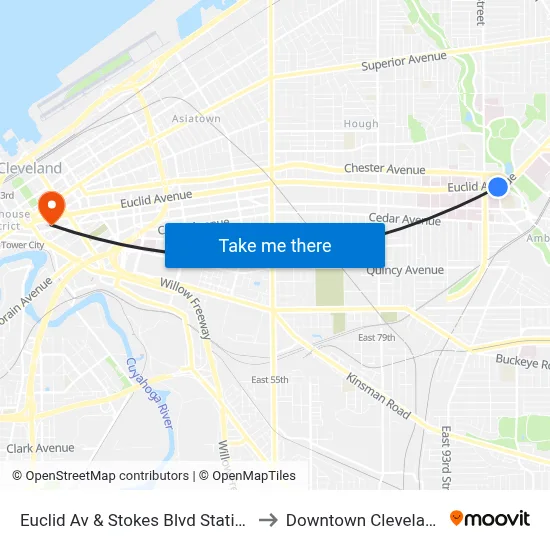 Euclid Av & Stokes Blvd Station to Downtown Cleveland map