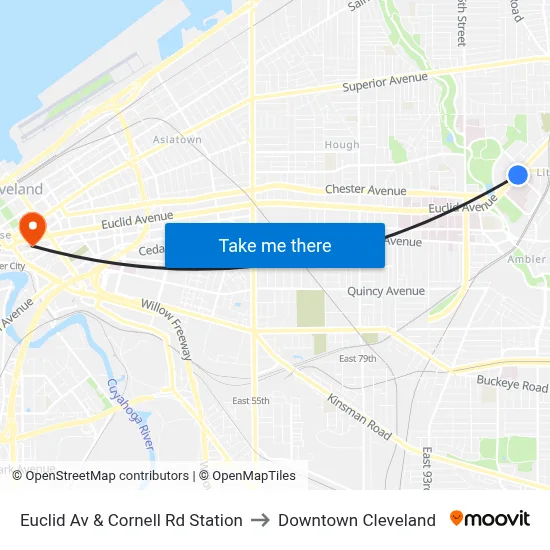 Euclid Av & Cornell Rd Station to Downtown Cleveland map