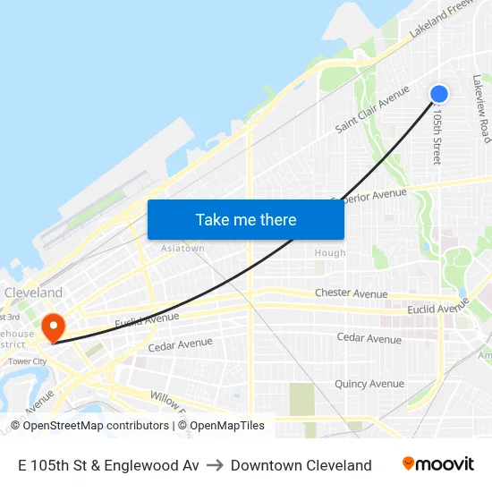 E 105th St & Englewood Av to Downtown Cleveland map