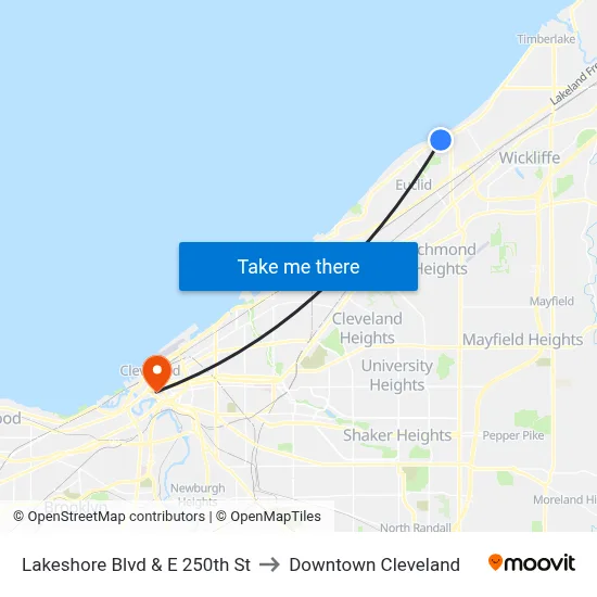 Lakeshore Blvd & E 250th St to Downtown Cleveland map