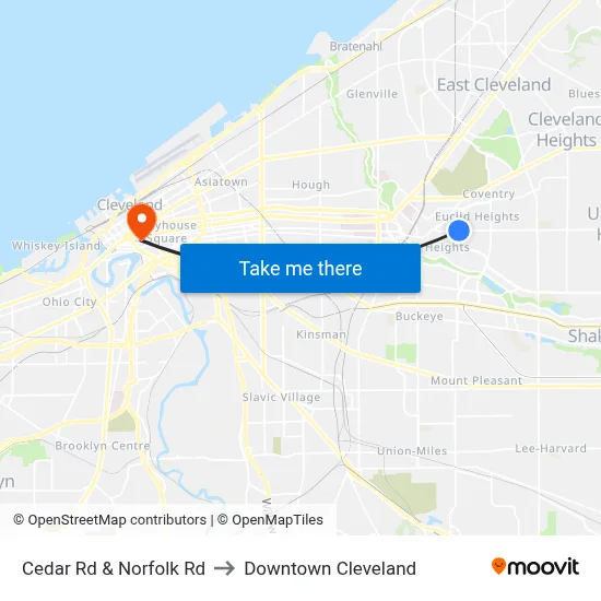 Cedar Rd & Norfolk Rd to Downtown Cleveland map