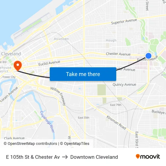 E 105th St & Chester Av to Downtown Cleveland map