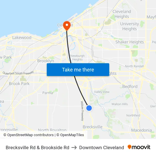 Brecksville Rd & Brookside Rd to Downtown Cleveland map
