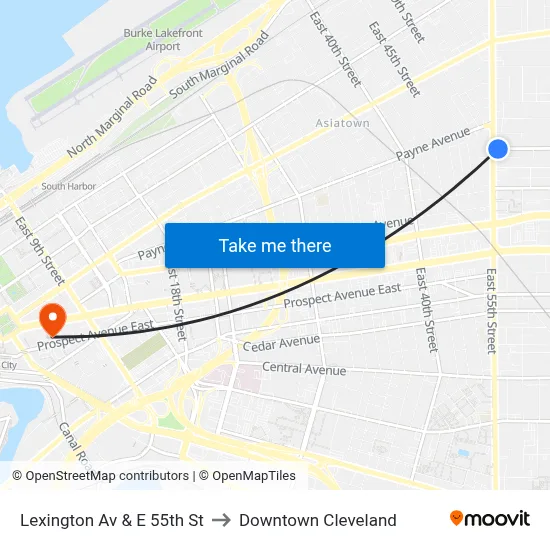 Lexington Av & E 55th St to Downtown Cleveland map