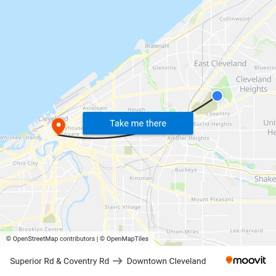 Superior Rd & Coventry Rd to Downtown Cleveland map