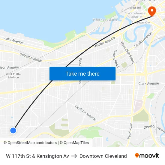 W 117th St & Kensington Av to Downtown Cleveland map