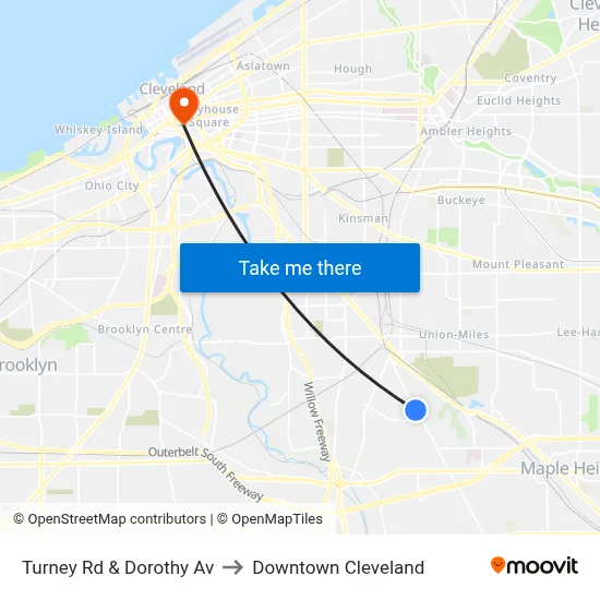 Turney Rd & Dorothy Av to Downtown Cleveland map