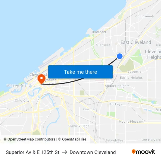 Superior Av & E 125th St to Downtown Cleveland map